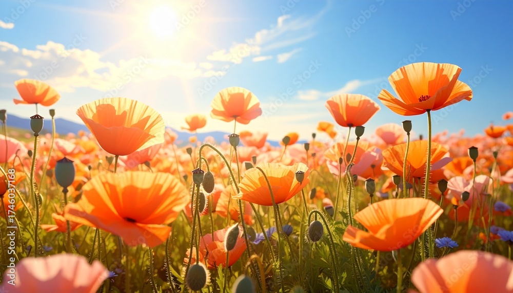 Obraz premium Vibrant orange poppies blooming in a sun-drenched field under a clear blue sky.