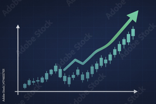 Financial graph displaying stock market growth with upward trend line and candlestick chart elements, symbolizing positive investment performance and economic progress