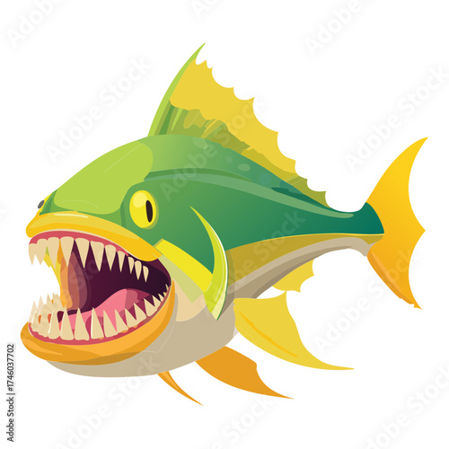 Aggressive deep-sea predator fish character with sharp teeth and fierce expression ready to attack its prey