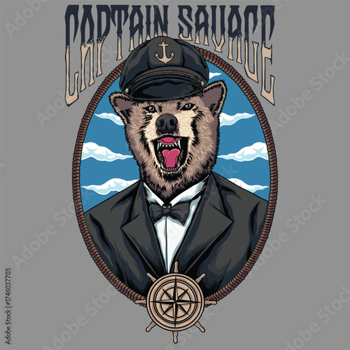Wolf Captain in Suit with Nautical Hat Illustration