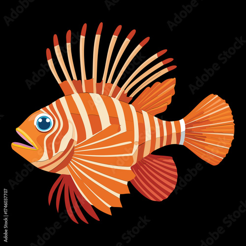 Detailed illustration of an elegant striped red lionfish with outstretched pectoral fins and sharp venomous spines