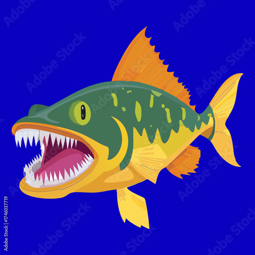 Highly aggressive green and orange predator fish with sharp fangs and wide-open jaws hunting underwater ferociously