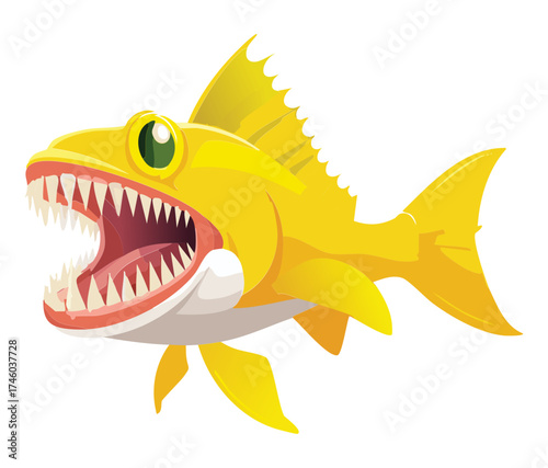 Ferocious yellow fish predator character with its mouth wide open showing large, sharp, menacing teeth ready to bite