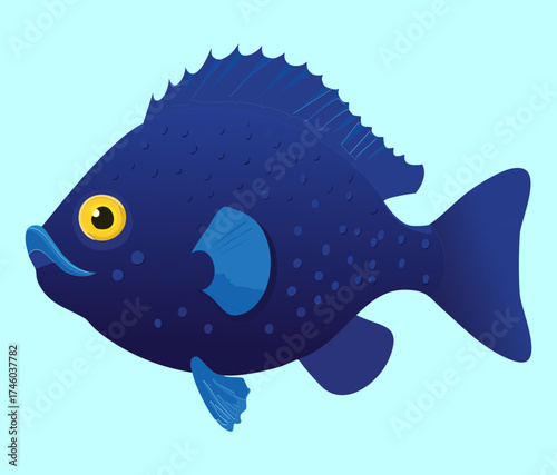 Minimalist flat illustration of a dark blue ocean fish with small light blue spots swimming gently and quietly
