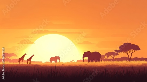African Sunset Savanna Elephants Giraffes