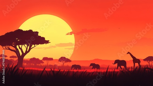 African Savanna Sunset With Elephants And Giraffe