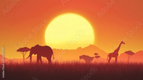 African Savanna Sunset With Elephant And Giraffe