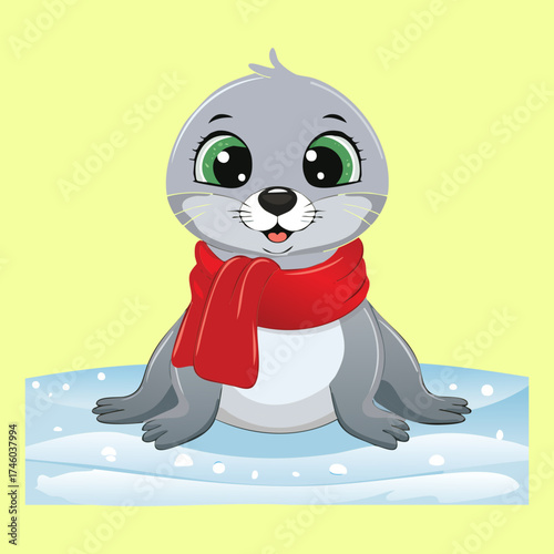 Cheerful baby seal pup character sitting and wearing a long bright red scarf looking very cute and friendly
