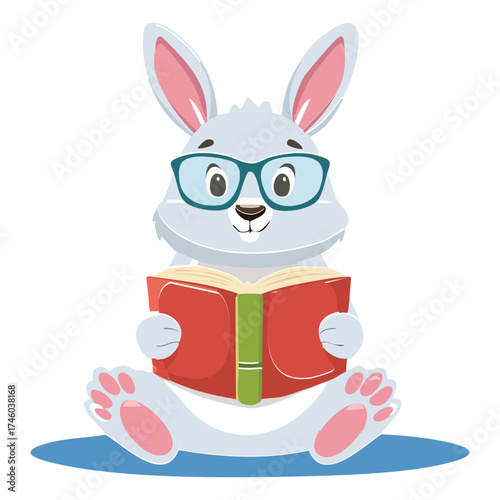 Delightful White Rabbit Animal Illustration Wearing Spectacles and Enjoying a Good Red Book, Great for Quiet Time and Reading Campaigns