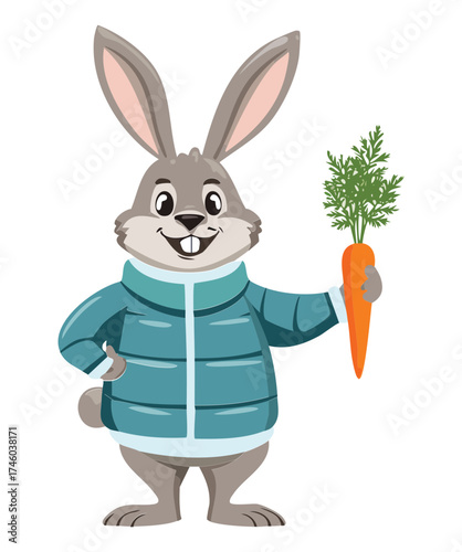 Cheerful Gray Bunny Animal Illustration in a Warm Puffer Jacket Holding a Fresh Carrot, Ideal for Winter and Healthy Eating Themes