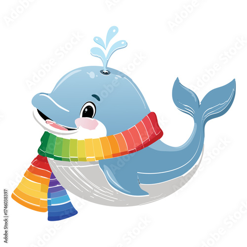 Playful Cartoon Whale Animal Illustration with Spouting Water Wearing a Cozy Rainbow Striped Scarf	