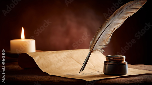 A vintage wooden desk featuring a feather quill and inkwell, illuminated by soft diffused natural light.