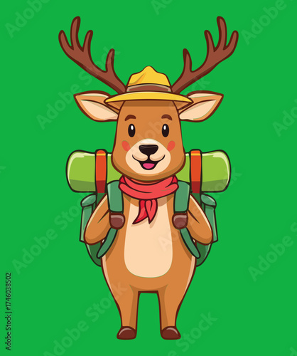 Adventurous Cartoon Reindeer Animal Illustration Ready for Hiking with a Backpack and Red Scarf
