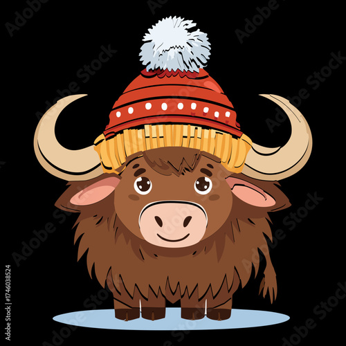 Adorable Cartoon Yak Animal Illustration Wearing a Striped Winter Beanie and a Wide, Happy Smile