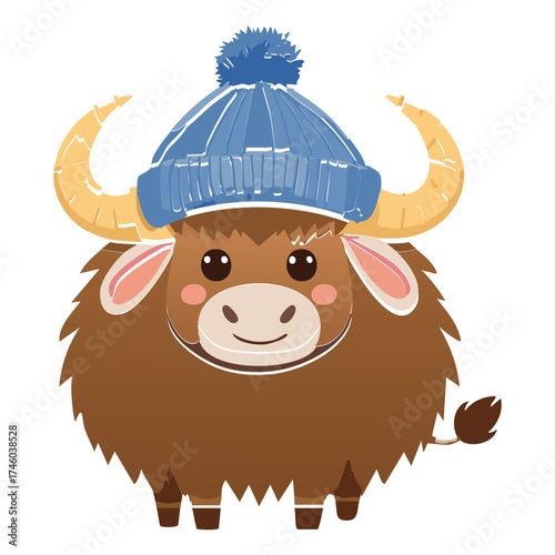 Smiling Cartoon Yak Animal Illustration Wearing a Blue Knitted Winter Hat with a Pompom and Big Horns