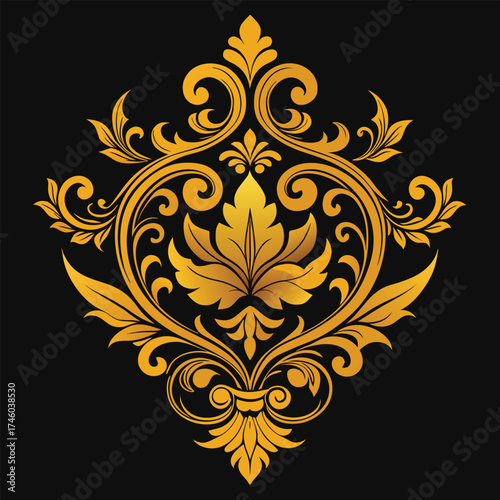 Ornate Golden Floral Swirl Design on Black ornament