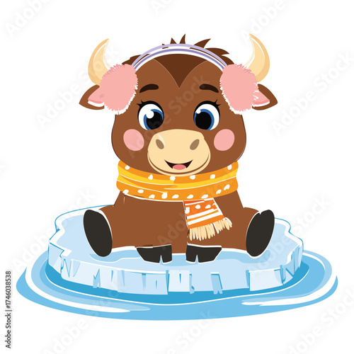 Sweet Cartoon Calf Animal Illustration Sitting on a Piece of Ice and Wrapped in a Cozy Striped Scarf