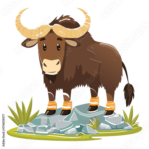 Rugged Brown Yak Animal Illustration Standing on a Rocky, Grass-Covered Hillside in the High Mountains