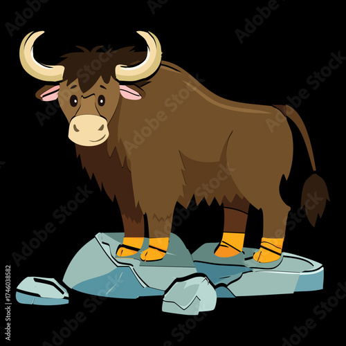 Powerful Brown Yak Animal Illustration Standing on a Cracked Glacier or Iceberg in a Winter Landscape