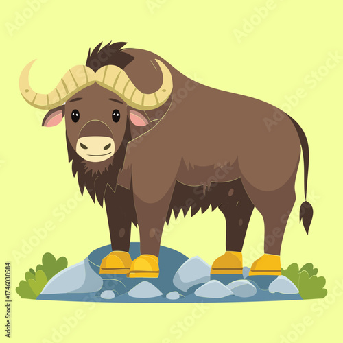 Realistic-Looking Brown Yak Animal Illustration Standing Steadily on a Snowy Ground in a Cold Climate