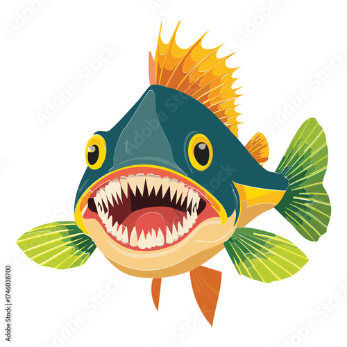 Ferocious-Looking Deep-Sea Monster Fish Animal Illustration with Serrated Teeth and Spiked Dorsal Fins Ready to Attack