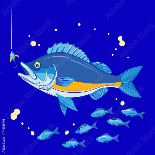 Powerful Deep-Sea Blue Perch Fish Animal Illustration Swimming Vigorously Through a School of Small Fish