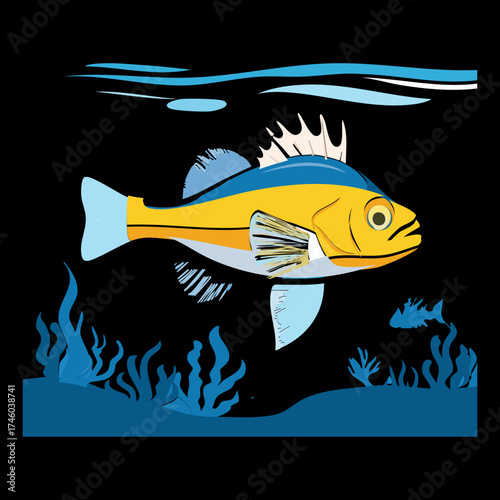 Dark Silhouette of a Yellow-Bellied Demersal Fish Animal Illustration Against a Deep Black Background