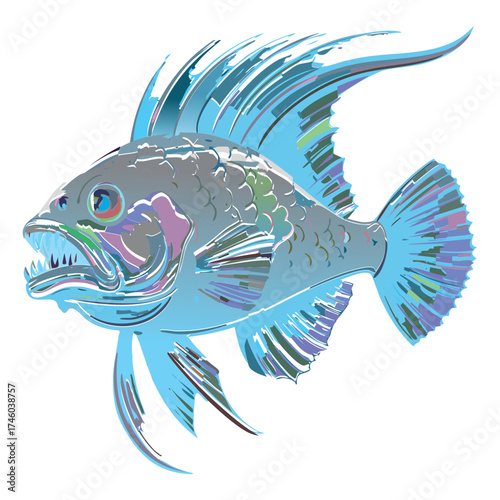 Fierce Tropical Angler Fish Animal Illustration with Spiky Fins and Highly Detailed Scales in Cold Colors