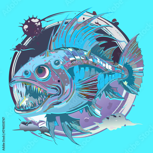 Intense Deep-Sea Predator Fish Skeleton Animal Illustration with Sharp Teeth and Bio-Luminescence Effect