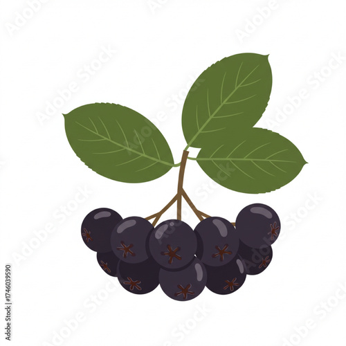 Chokeberry with dark purple fruits and green leaves on white background  