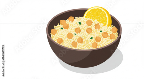 Couscous dish with chickpeas and lemon slice in brown bowl  