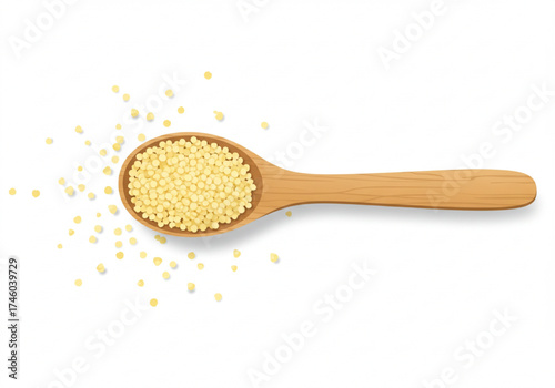 Wooden spoon with couscous grains spilling over white background  