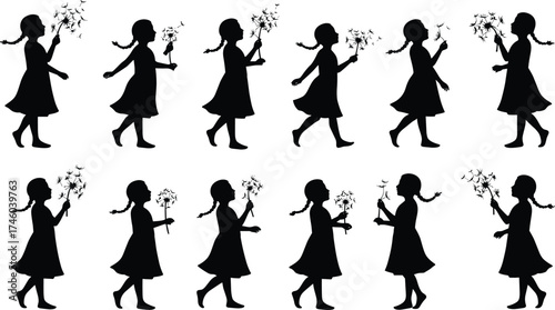 Silhouette of little girl walking and blowing dandelion flowers, black and white vector illustration showing childhood innocence, nature, and freedom concept.Silhouette of little girl walking a