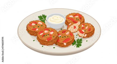 Crab cakes on a plate with dipping sauce and garnish  
