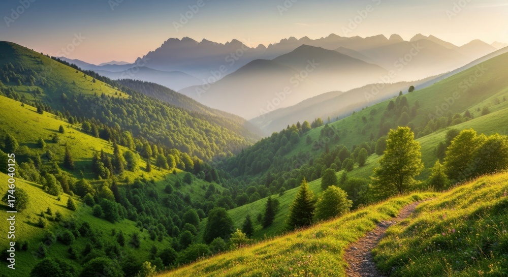 Obraz premium Golden hour sunlight illuminates lush green mountain valley with distant peaks