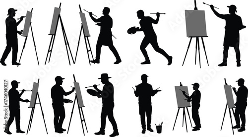 Silhouette of male artists painting on easels, creative painters holding brushes and palettes, artistic people drawing illustration concept design