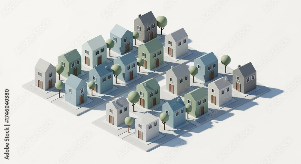 Fototapeta premium Isometric view of a charming neighborhood with pastelcolored houses and lush green trees, creating a serene and inviting atmosphere isolated on white background