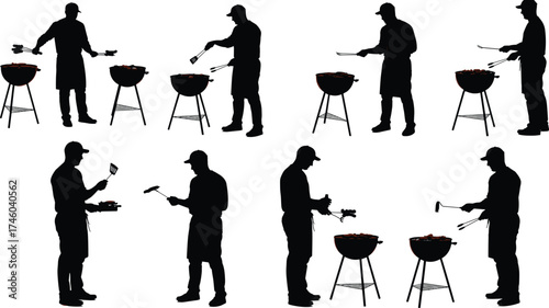 Silhouette of man grilling barbecue outdoors, chef cooking meat on grill, summer BBQ, outdoor cooking, food preparation concept.