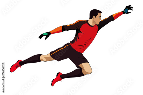 Vector illustration of a professional male soccer goalkeeper silhouette leaping midair for a dramatic save, symbolizing agility, focus, defense