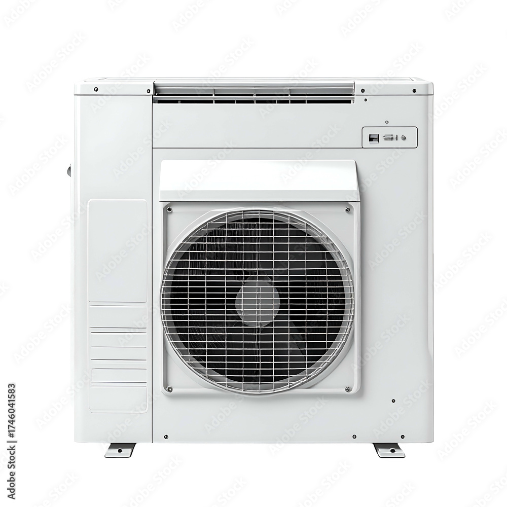 Fototapeta premium White rectangular HVAC unit with a fan and grate in the center, front view, isolated