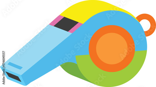 A bold, colorful whistle illustration in flat style featuring bright blue, yellow, green, orange, and pink accents, ideal for sports, referee, coaching, and fitness themes