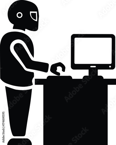 A stylized black silhouette of a robot wearing a helmet and standing at a desk typing on a computer keyboard silhouette