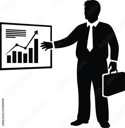 Businessperson in silhouette presenting a growing bar graph and upward trending line chart on a whiteboard silhouette