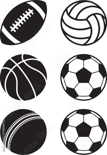 Various sports ball icons isolated on white background