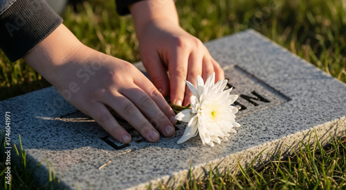 A child's hands place a white flower on a gravestone in a cemetery. Remembrance, grief, and loss concept for All Souls' Day