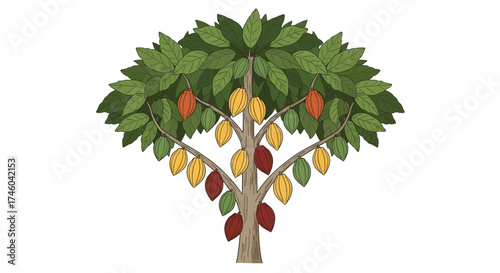 Illustrative depiction of a bountiful cacao tree laden with ripe pods, showcasing vibrant colors and abundant foliage, representing the source of chocolate and cocoa