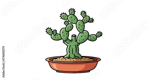 A decorative potted prickly pear cactus, a representation of desert flora, ideal for artistic displays