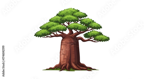 Illustration of a large, old baobab tree with thick trunk, spreading branches, and lush green foliage, set against a white background
