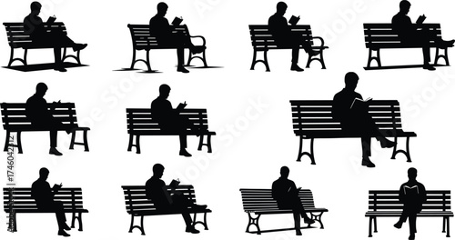Silhouette of man sitting on park bench, reading book, using smartphone, relaxing outdoors, leisure lifestyle, city park illustration