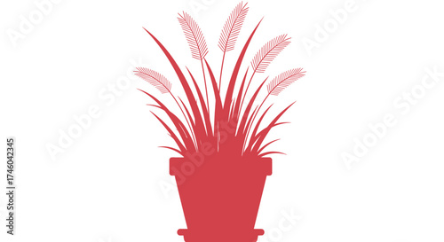 Simple Red Silhouette of a Potted Plant with Tall Grass-like Foliage and Plumes, Ideal for Design Elements